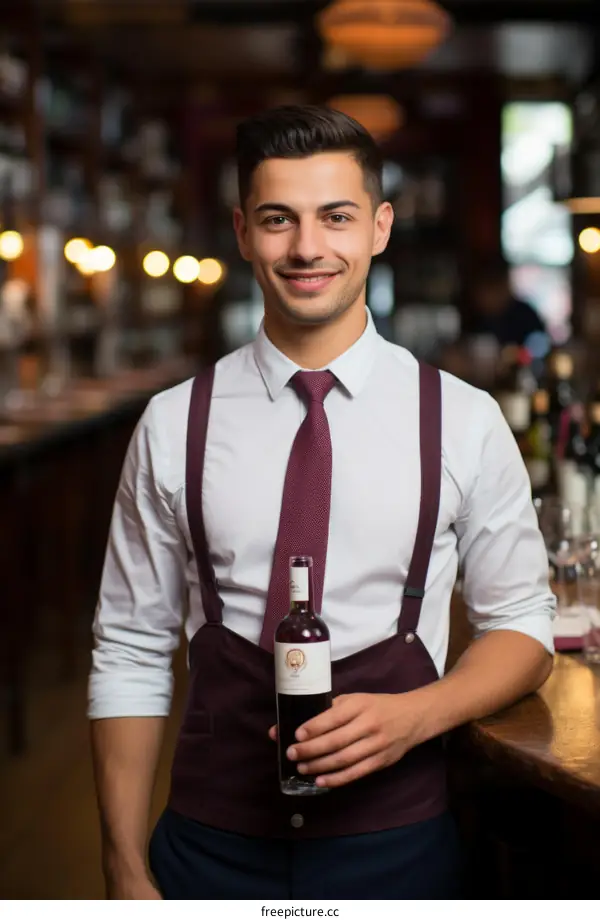 Portrait Of Confident Young Bartender Holding Wine Bottle