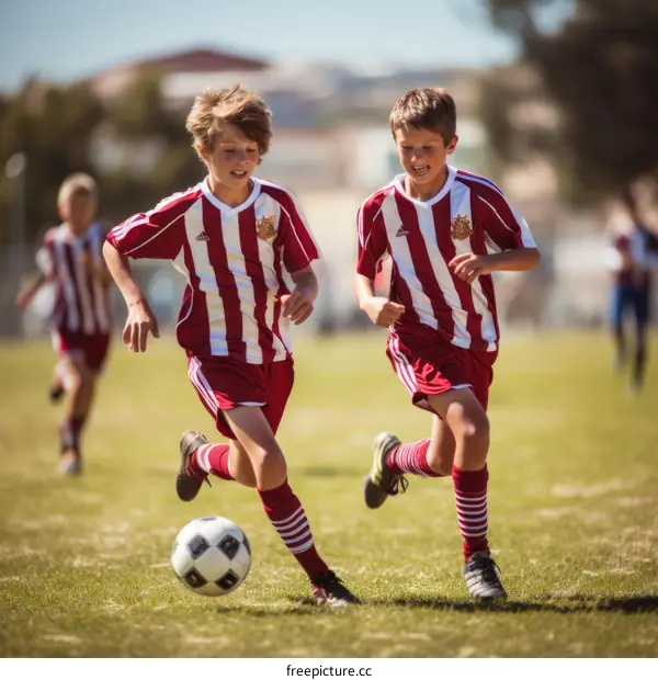 Two boys playing soccer on a field