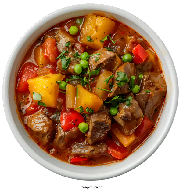 [Transparent Background PNG]A delicious and hearty beef stew with potatoes, peppers, and peas.