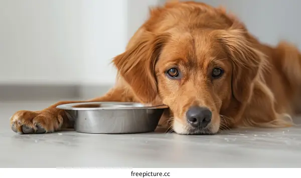 A Golden Retriever Dog Lying Down Next to an Empty Bowl