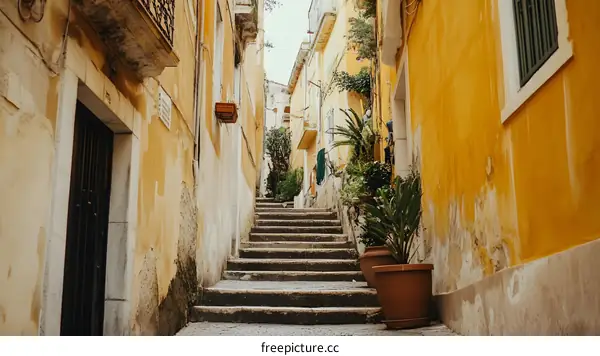 Yellow Building Staircase in Narrow Alleyway