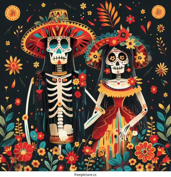 Dia de los Muertos Couple: Skeleton Couple in Traditional Mexican Clothing