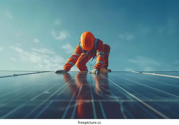 man in orange jumpsuit and hardhat inspecting solar panels