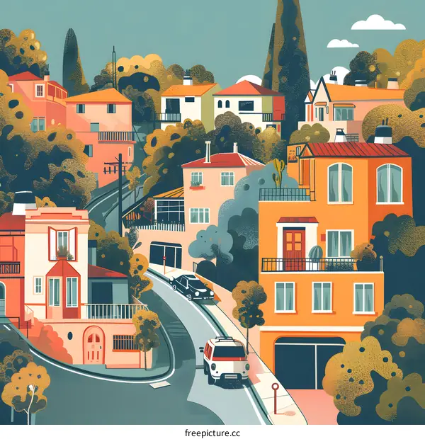 Colorful Illustration of a Winding Road in a Hilltop Neighborhood