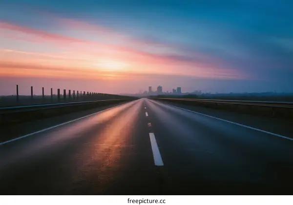 Sunset view of an empty highway leading towards a city skyline