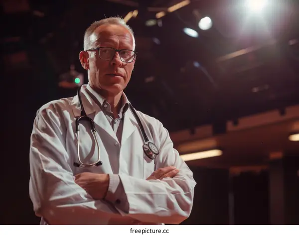 Portrait of a male doctor with glasses and a stethoscope around his neck