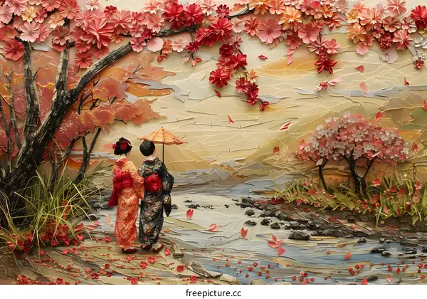 A couple walking in a park with cherry blossoms