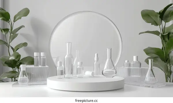 Modern Cosmetic Display with Transparent Glass Bottles