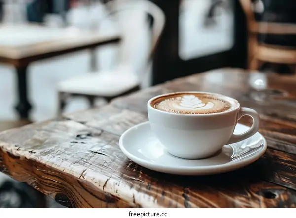 Cappuccino Coffee On Wooden Table In Cafe