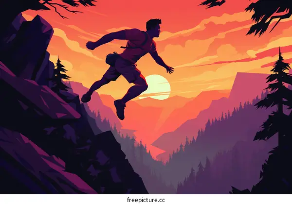 Man Jumping Over Cliff with Sunset in Background