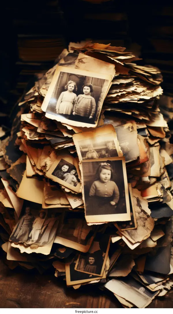 A pile of old photographs with two girls on top