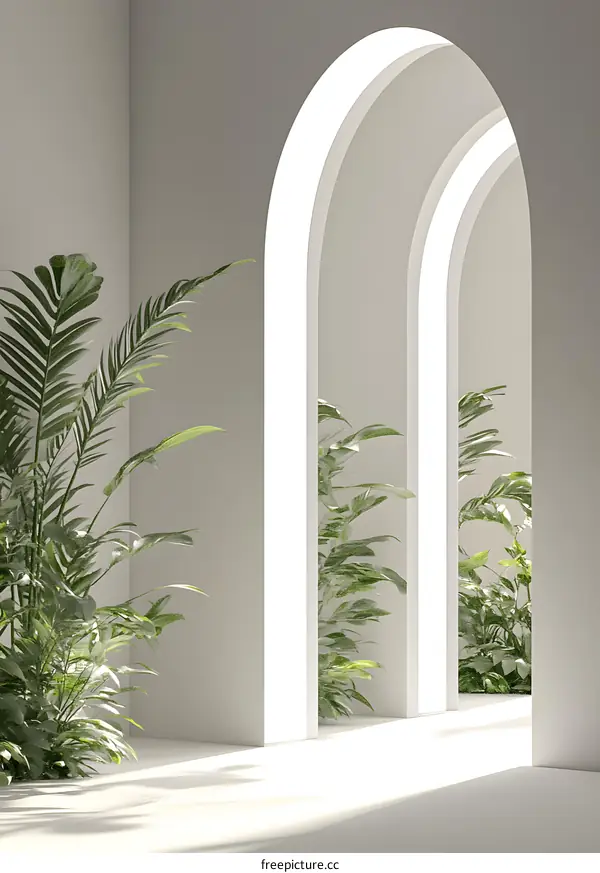 Minimalist White Archway Interior Design with Green Plants