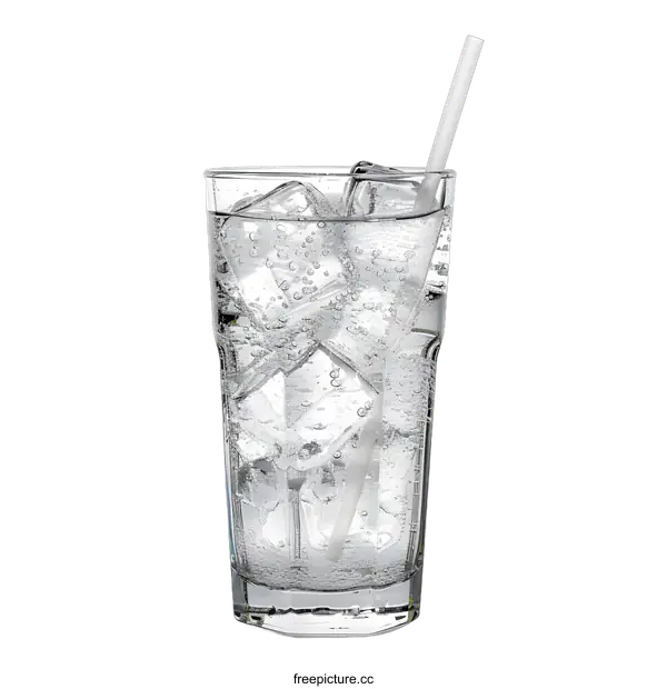 [Transparent Background PNG]Glass of Sparkling Water with Ice Cubes and Straw