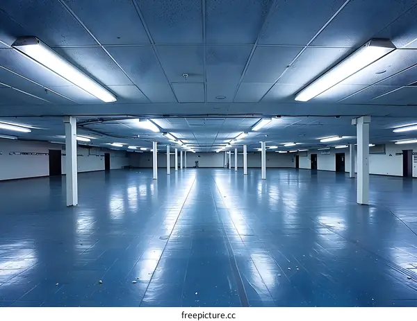 Empty Warehouse Interior with Fluorescent Lights