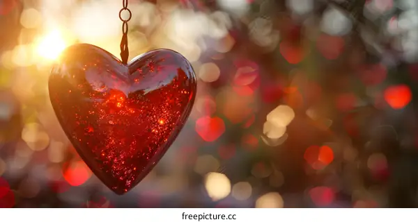 A red glass heart-shaped pendant hangs from a tree branch, sparkling in the sunlight.