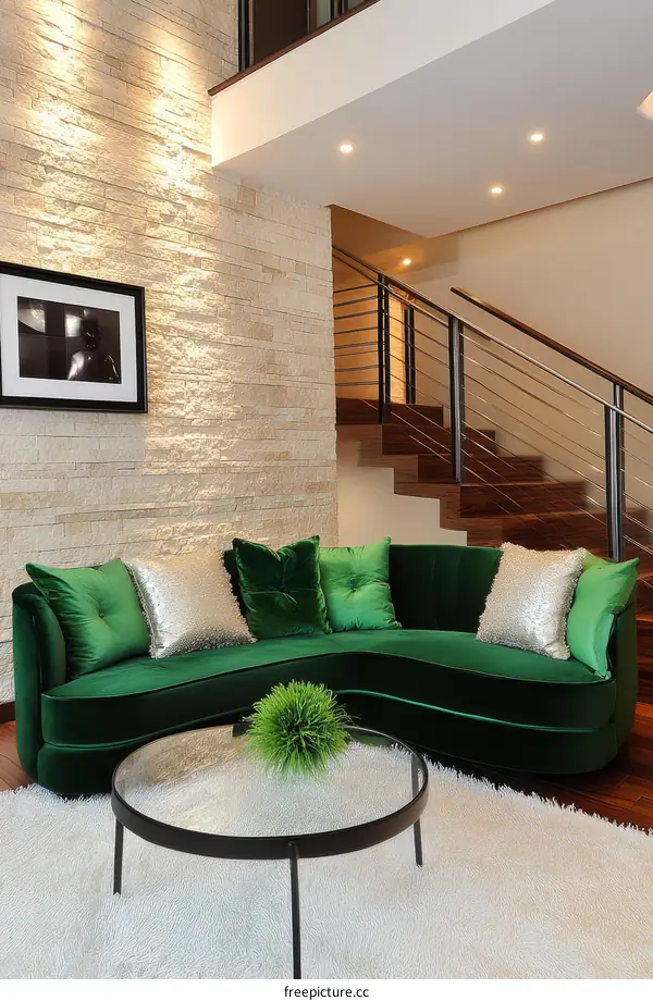 Modern Living Room with Emerald Green Sectional Sofa