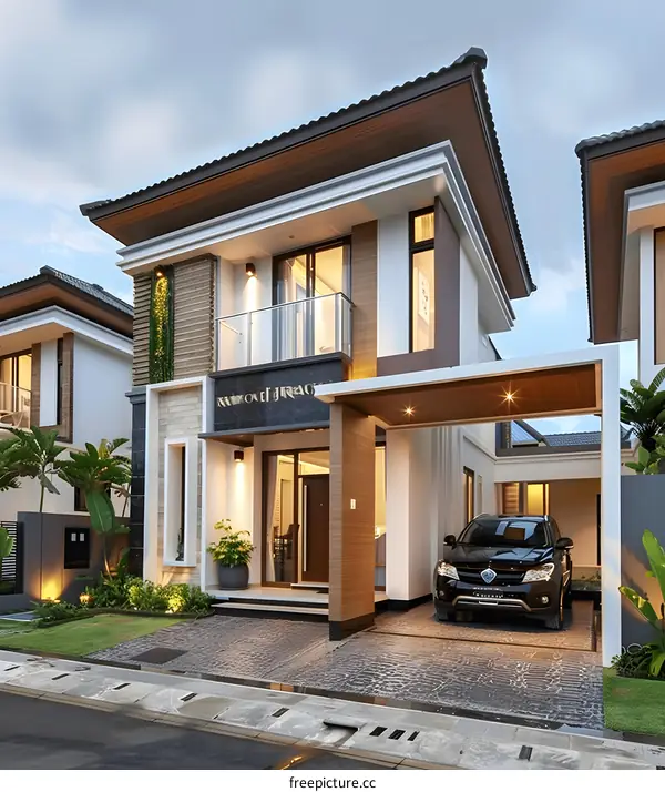 Modern Two Story House With Carport And Landscaping