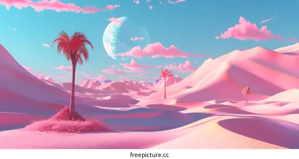 Pink Desert Landscape With Palm Trees and Moon