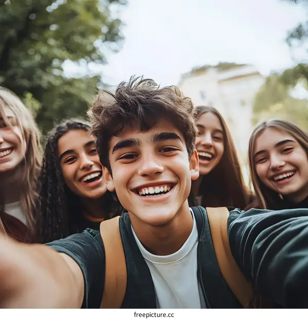 Group of Friends Taking a Selfie Outdoors