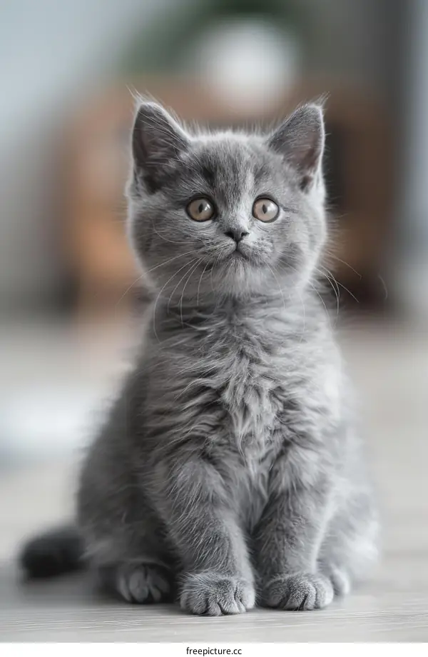 A cute gray kitten sits on the floor and looks up