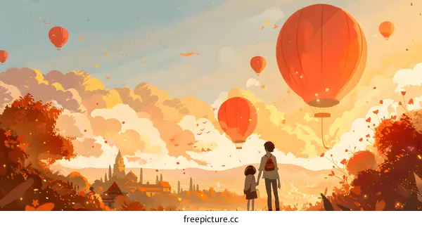 Couple Watching Hot Air Balloons Fly Over the City
