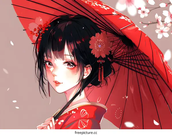 Anime Girl with Red Umbrella and Cherry Blossoms