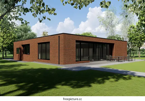 Modern Brick House with Large Windows and Patio