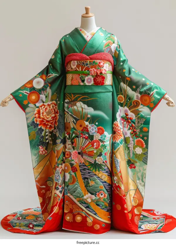 A woman wearing a green kimono with red and gold accents.
