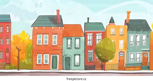 Colorful Row Houses Illustration with Autumn Tree