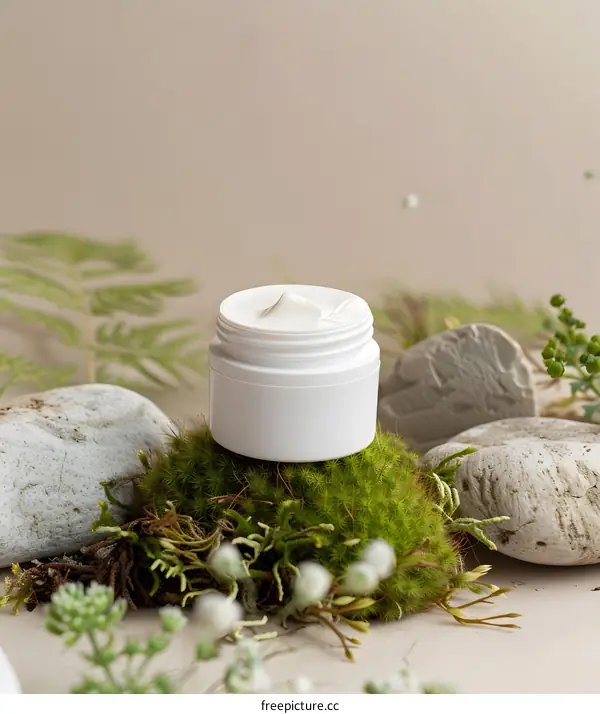 Natural Skincare Cream Jar On Green Moss And Stones
