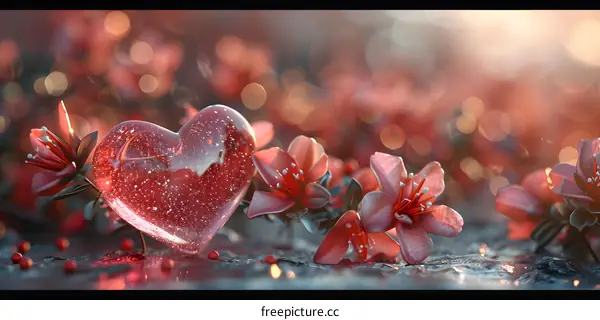 Crystal Heart and Pink Flowers