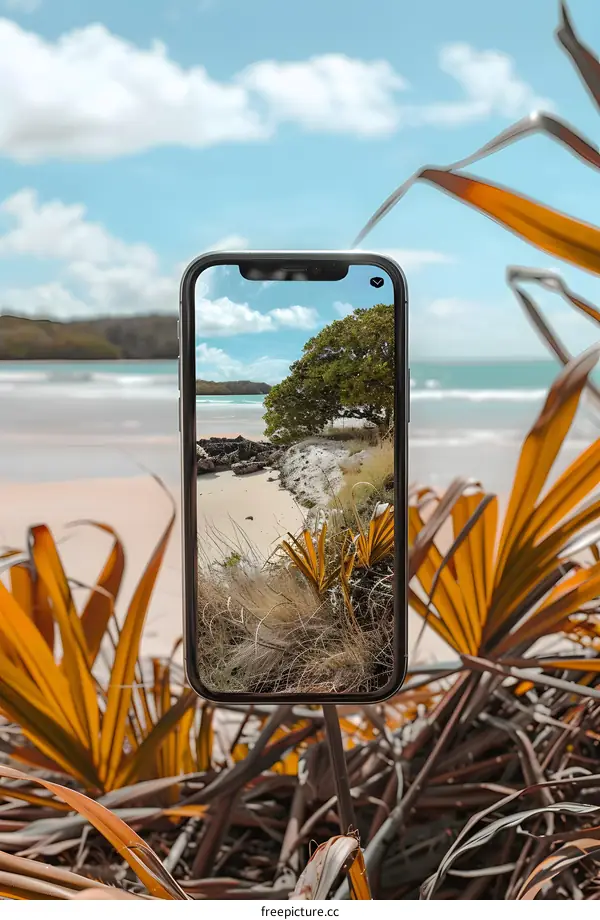 Phone Capturing Beach Scene with Palm Tree