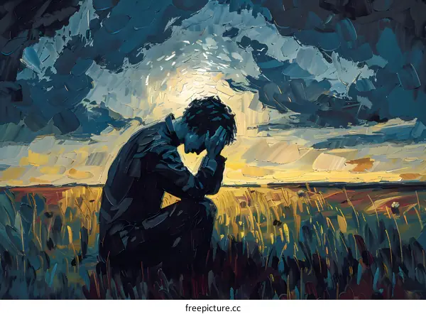 A man kneels in a field of wheat with his head in his hands