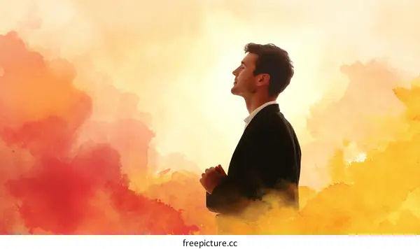 Man in Prayer with Watercolor Background