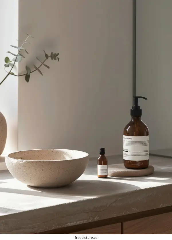 Minimalist ceramic bowl and brown glass bottle on concrete
