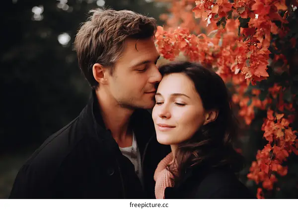 Couple Embrace in Autumn Park