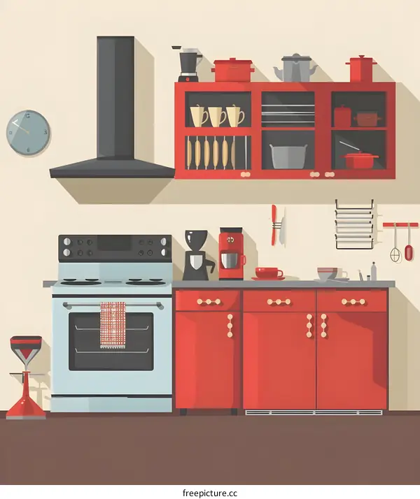 Kitchen Interior Design with Red Cabinets and Appliances