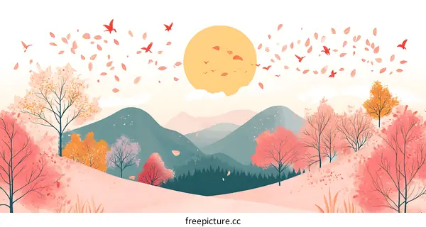 Autumn Landscape with Falling Leaves and Birds
