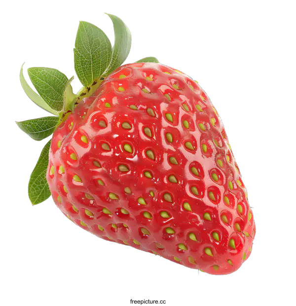 [Transparent Background PNG]Single Red Ripe Strawberry Fruit with Green Leaves