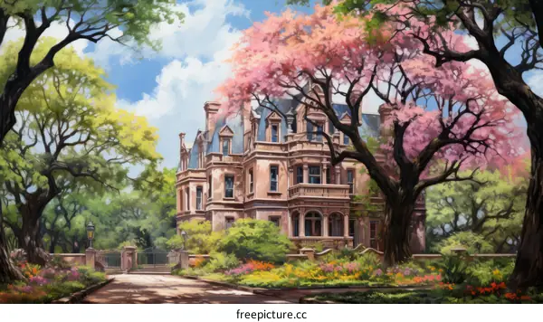 An illustration of a beautiful mansion with a pink flowering tree in the front yard