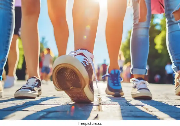 Group of People Walking on a Paved Path in the Summer Sun