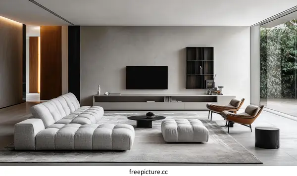 Modern Living Room Interior Design with Light Gray Sofa and Brown Leather Armchairs