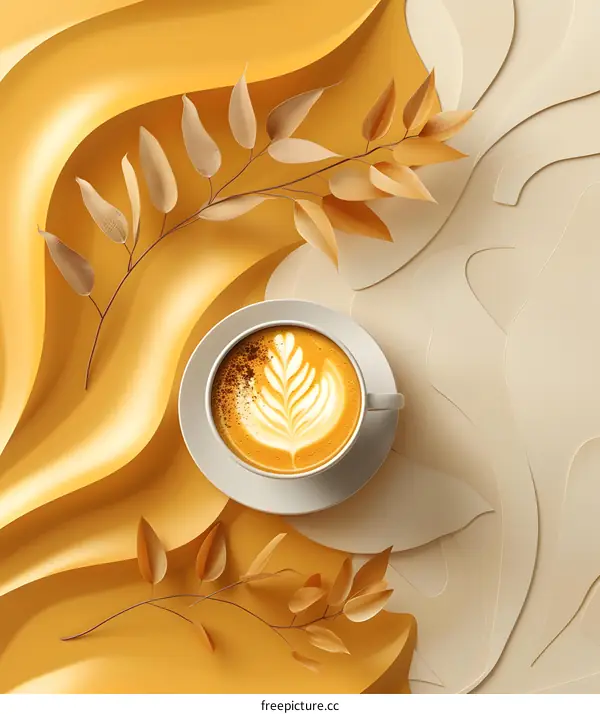 Autumn Coffee Latte with Golden Leaves