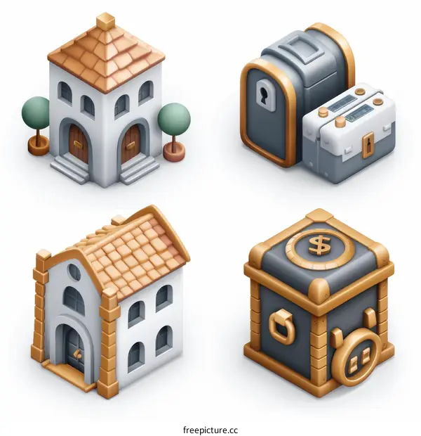 A set of four isometric pixel art icons of buildings and treasure chests
