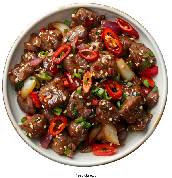 [Transparent Background PNG]Spicy beef with vegetables in a bowl