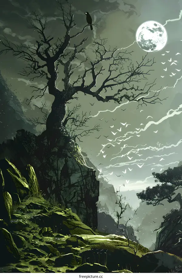 Night Sky With Full Moon and Birds Flying Over a Mountain Cliff