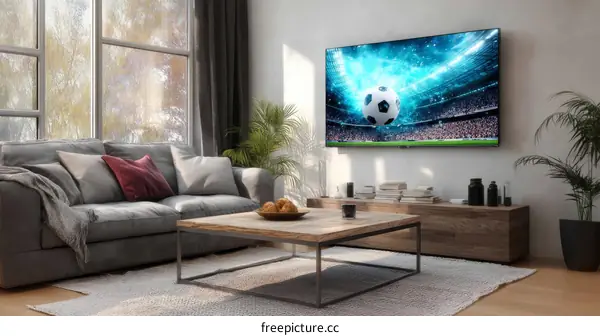 Modern Living Room with Large TV Showing Football Match