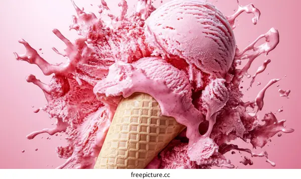 Pink Ice Cream Exploding in a Cone