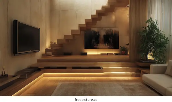 Modern Wooden Staircase Living Room Interior Design