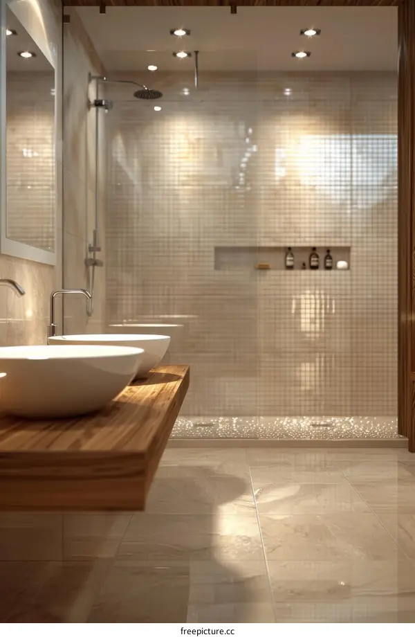 Modern Beige Bathroom with Wooden Vanity and Glass Shower